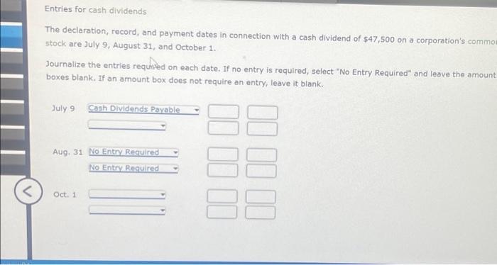  Entries for cash dividends The declaration, record, and payment dates in