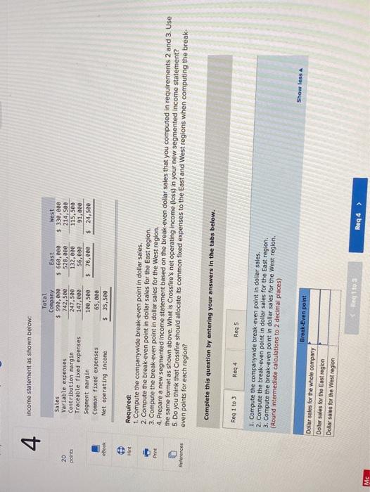  4 Income statement as shown below: 20 points Sales Variable expenses