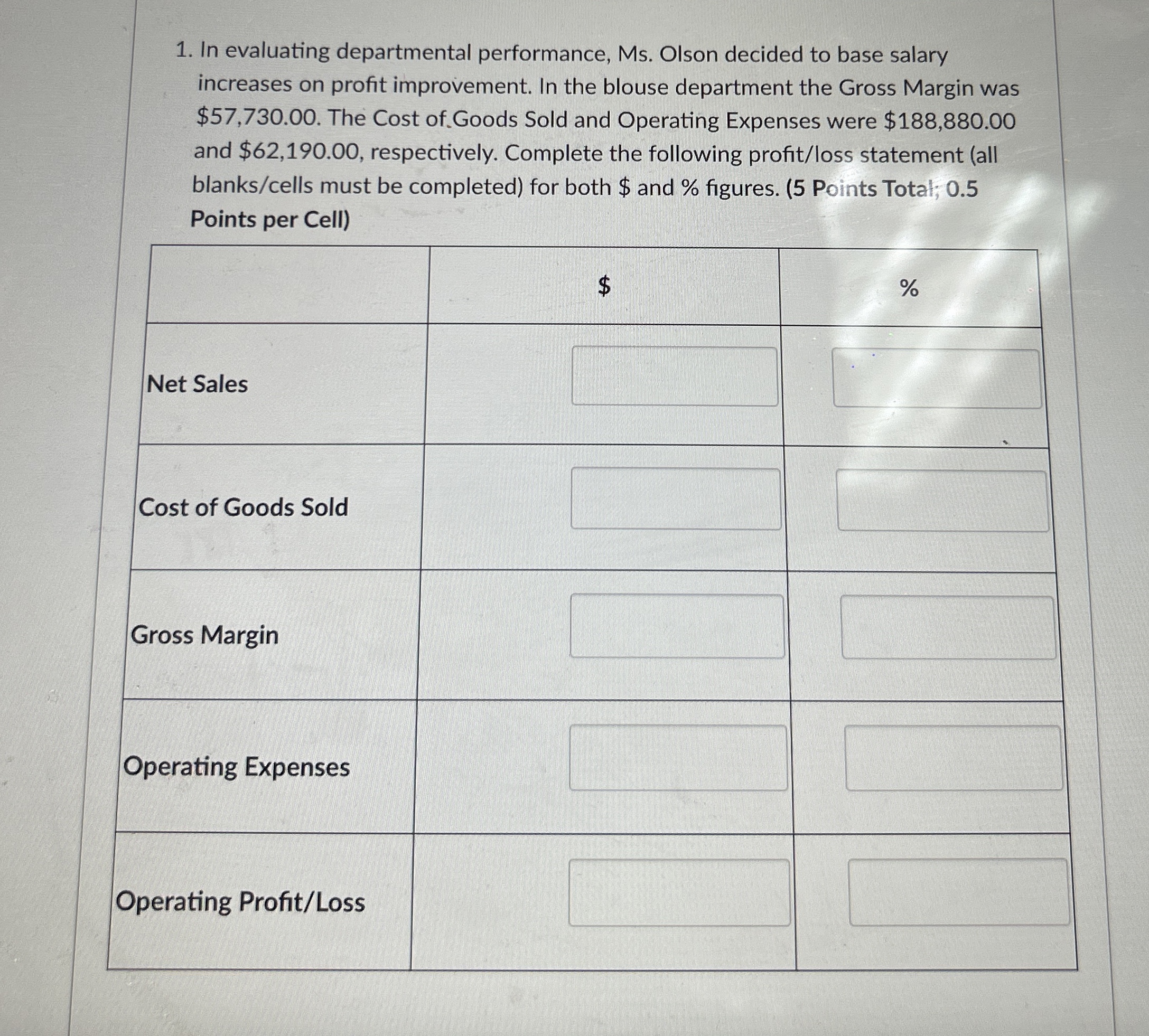  In evaluating departmental performance, Ms. Olson decided to base salary increases
