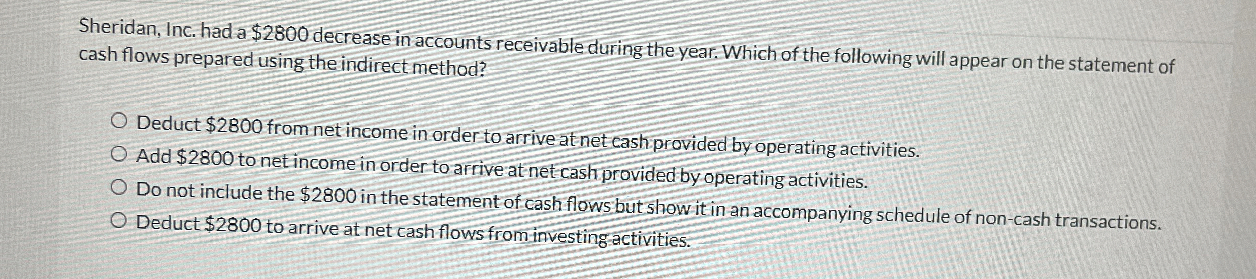  Sheridan, Inc. had a $2800 decrease in accounts receivable during the