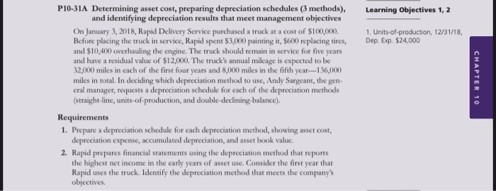  Learning Objectives 1, 2 1. Units-of-production, 12/31/18, Dep. Exp. $24,000 P10-31A