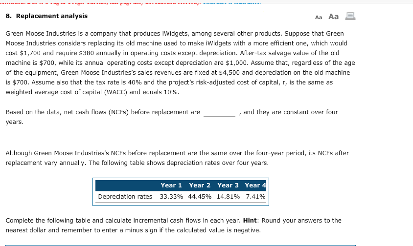 8. Replacement analysis Aa Aa E Green Moose Industries is a