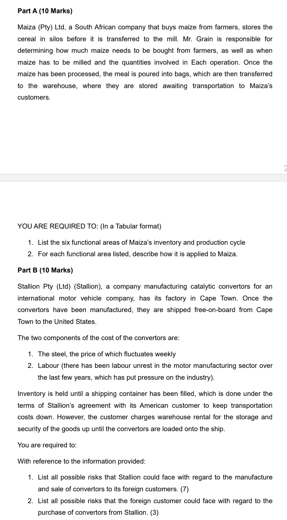  Part A (10 Marks) Maiza (Pty) Ltd, a South African company