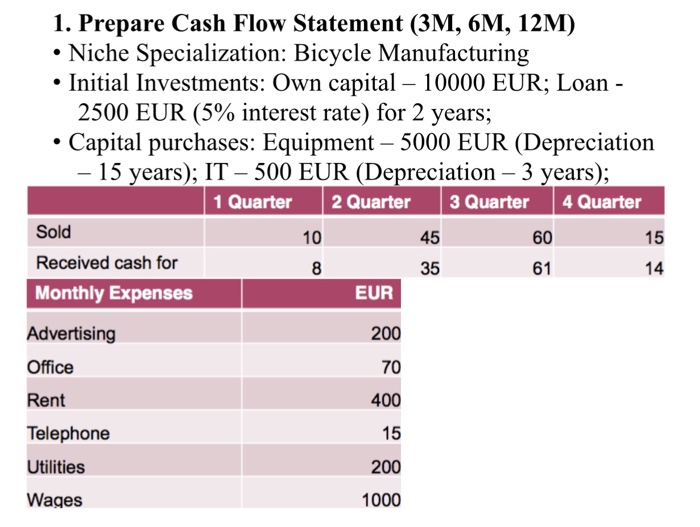  1. Prepare Cash Flow Statement (3M, 6M, 12M) . Niche Specialization: