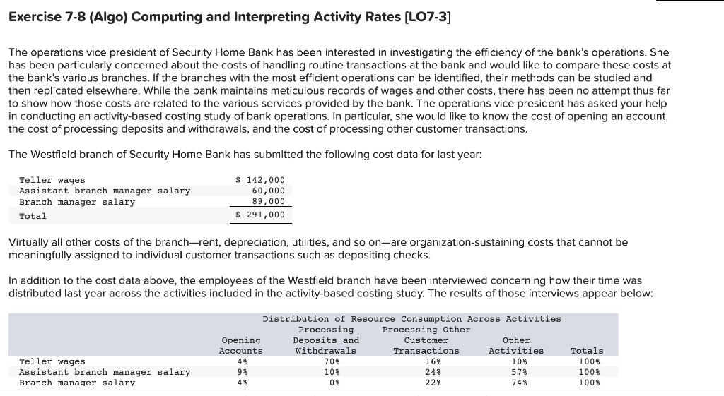  Exercise 7-8 (Algo) Computing and Interpreting Activity Rates (LO7-3] The operations
