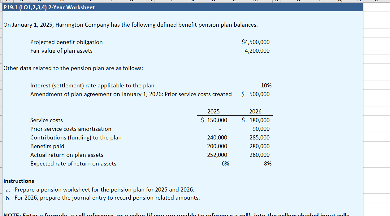  P19.1(LO1,2,3,4)2-Year Worksheet On January 1,2025, Harrington Company has the following defined