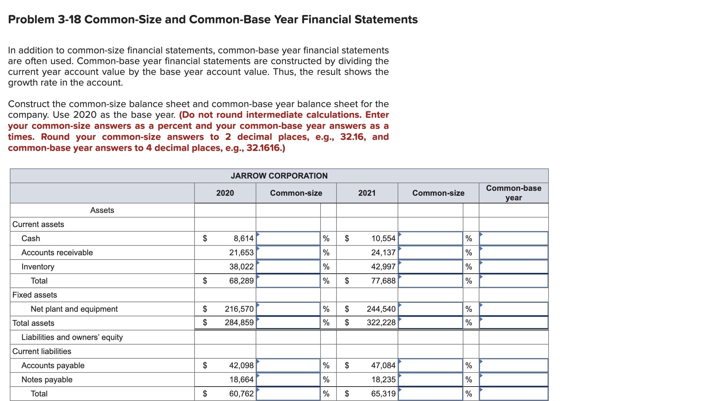  Problem 3-18 Common-Size and Common-Base Year Financial Statements \table[[Long-term debt,$,25,200,%,$,32,200,%,],[Owners' equity],[Common