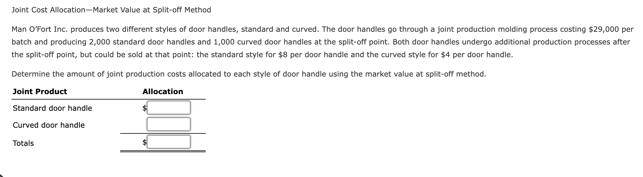  Joint Cost Allocation-Market Value at Split-off Method Man O'Fort Inc. produces