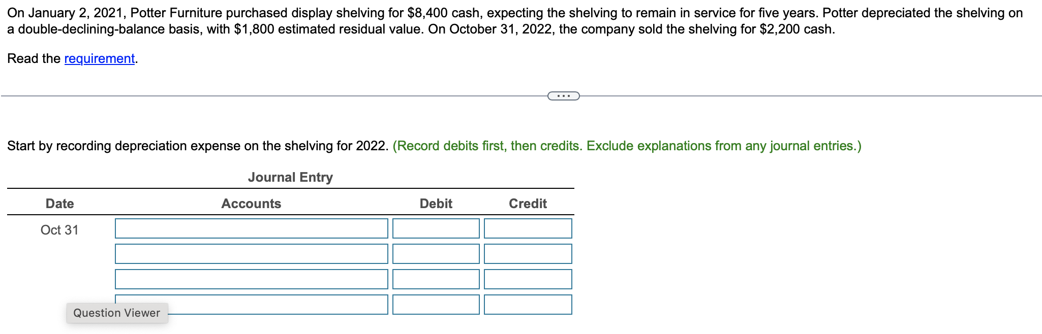  On January 2,2021, Potter Furniture purchased display shelving for $8,400 cash,