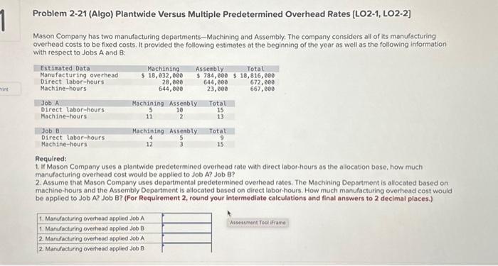 1 vint Problem 2-21 (Algo) Plantwide Versus Multiple Predetermined Overhead Rates [LO2-1,