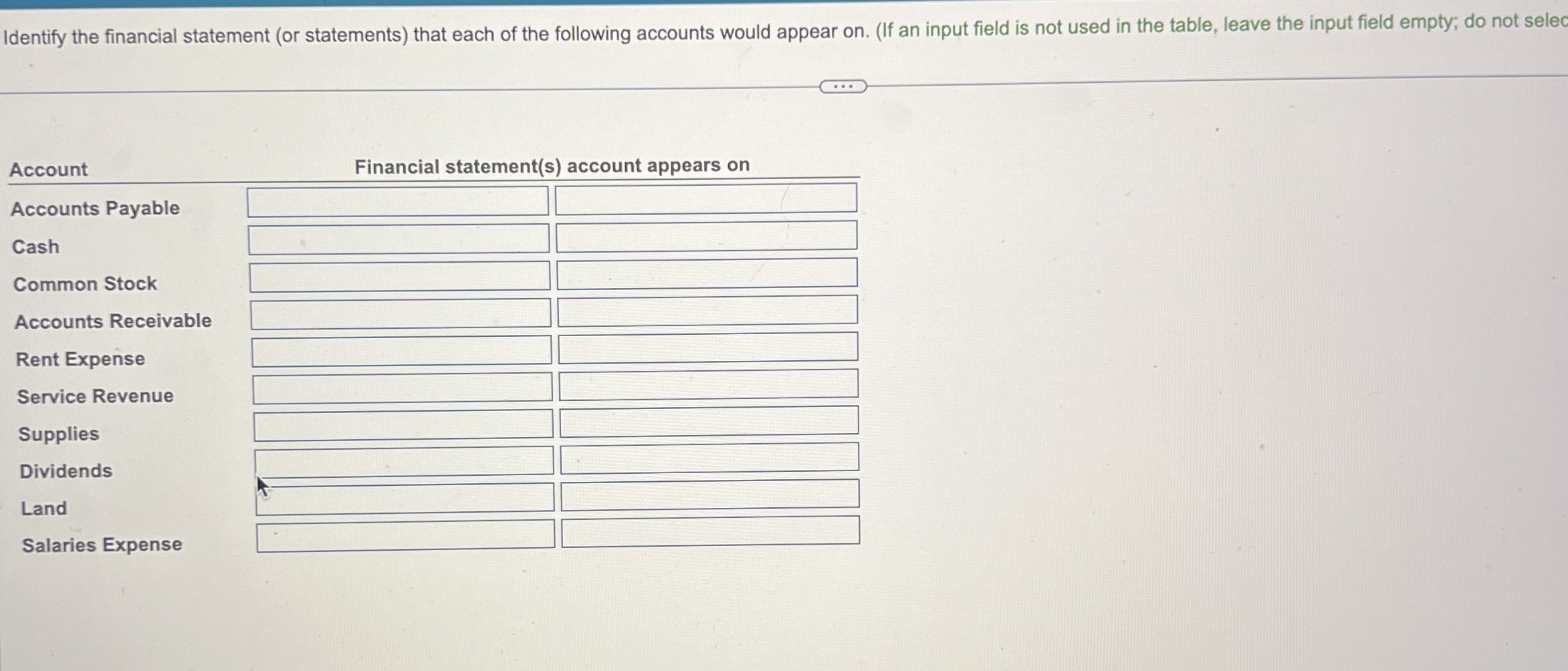  Identify the financial statement (or statements) that each of the following