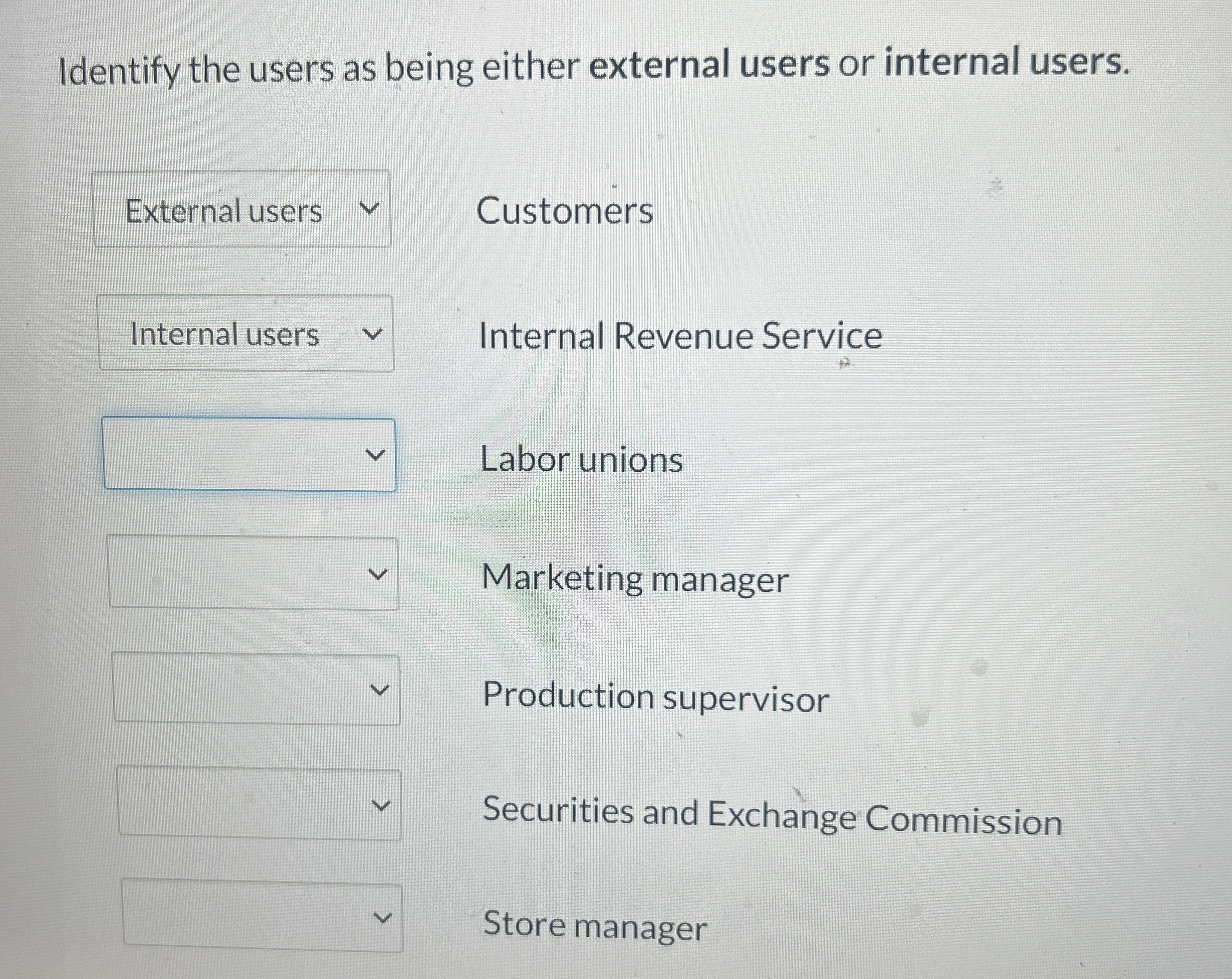  Identify the users as being either external users or internal users.