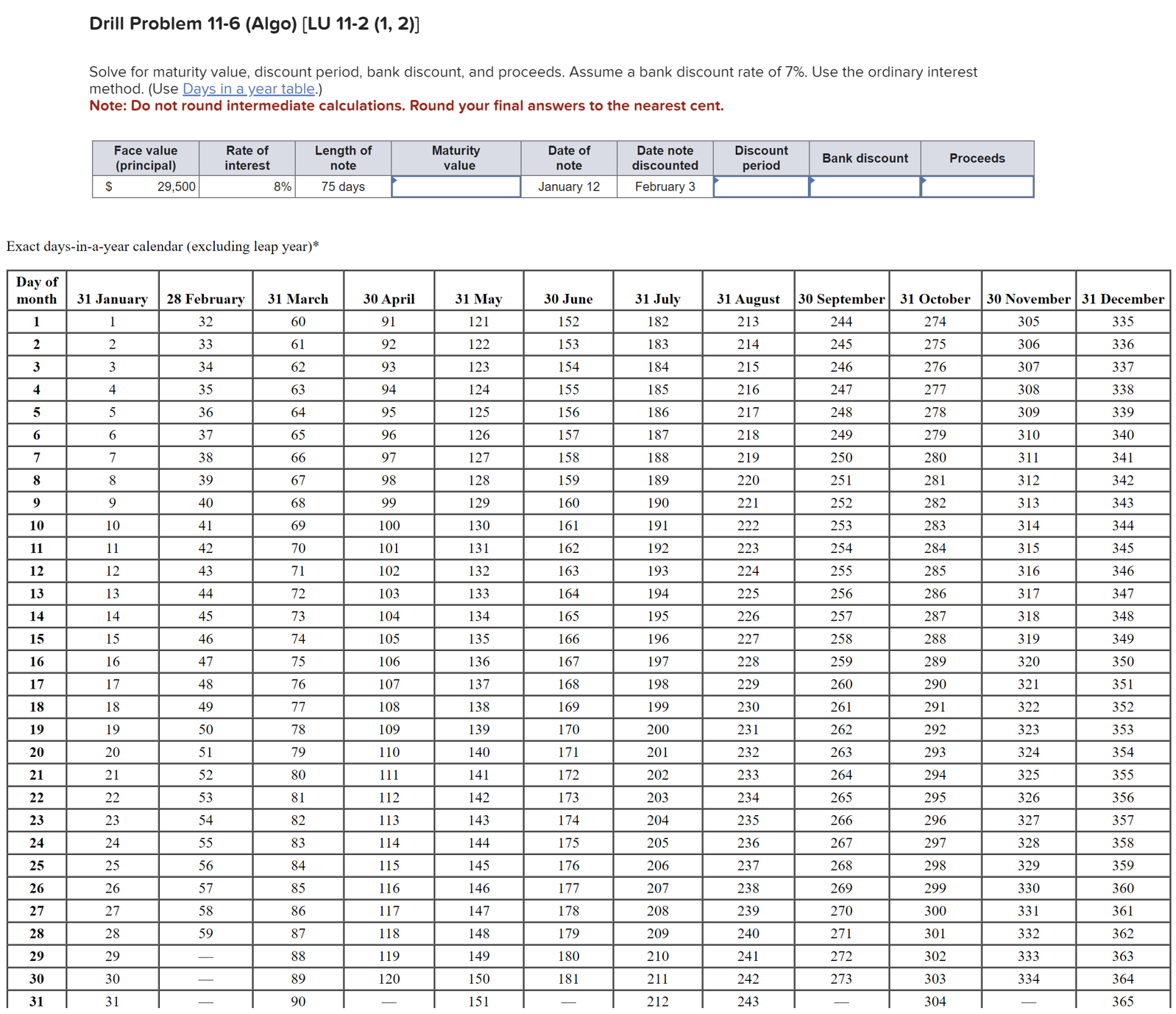  Drill Problem 11-6(Algo)[LU 11-2(1,2)] Solve for maturity value, discount period, bank