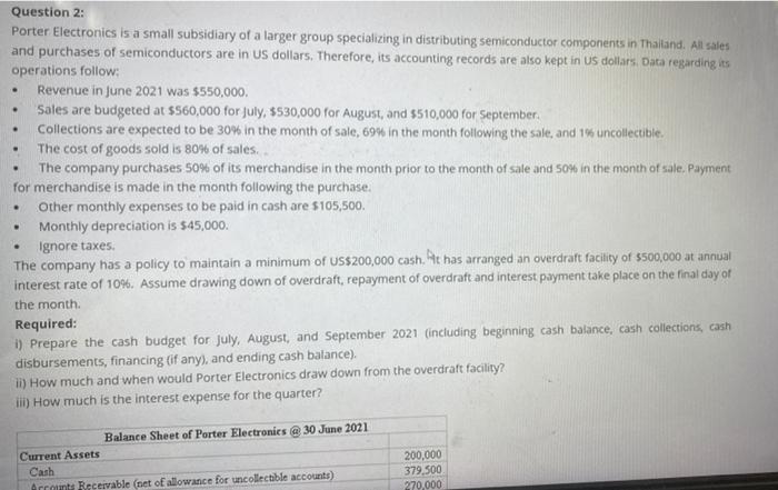  . . . . . Question 2: Porter Electronics is a