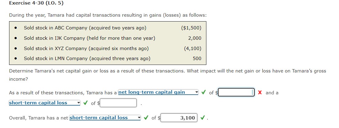  Exercise 4-30(LO.5) During the year, Tamara had capital transactions resulting in