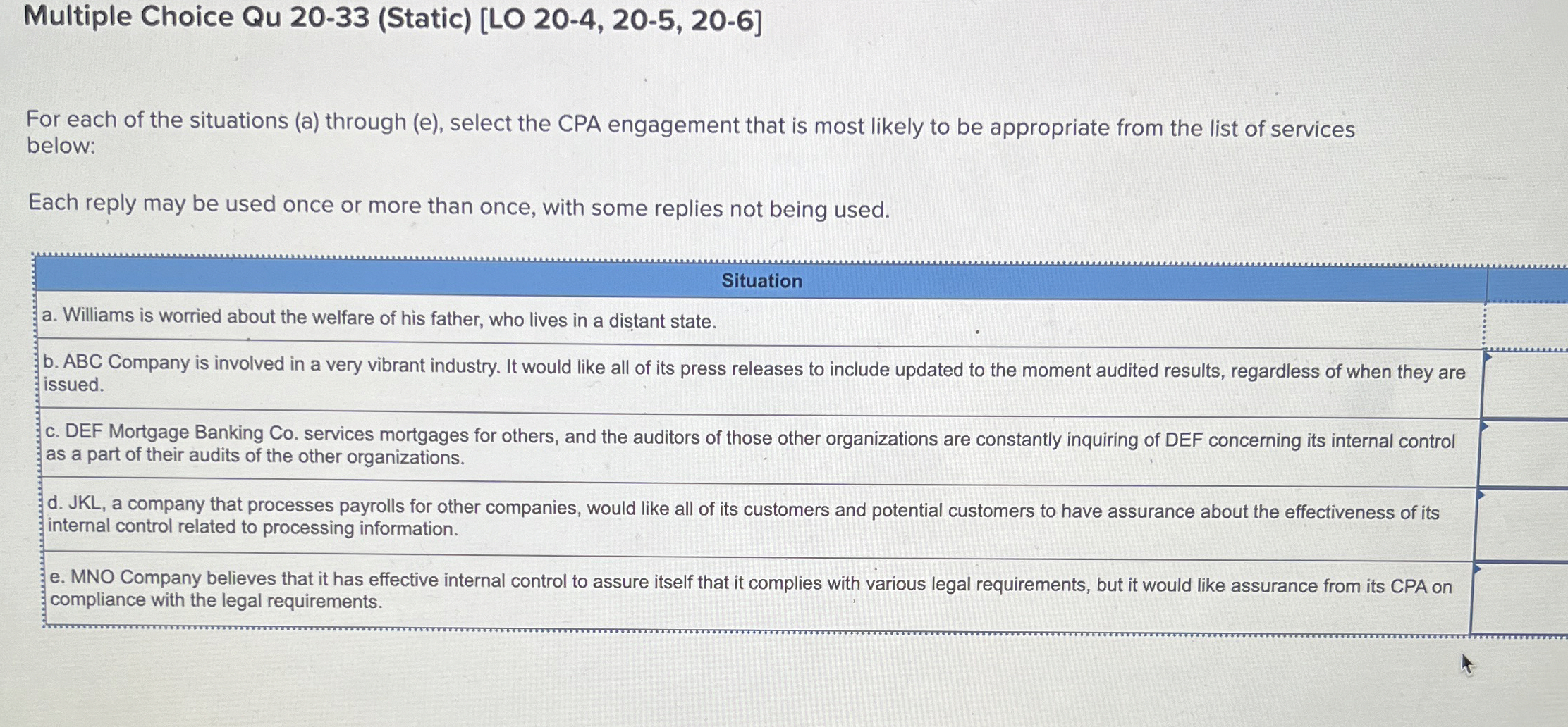  Multiple Choice Qu 20-33(Static)[LO 20-4,20-5,20-6] For each of the situations (a)