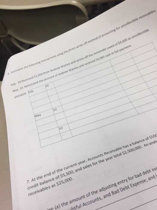  ivables: 6. Journalize the following transactions using the direct write-off method