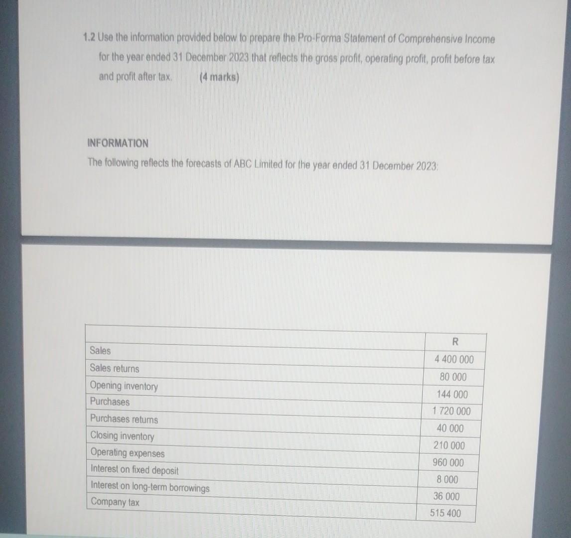 1.2 Use the information provided below to prepare the Pro.Forma Statement