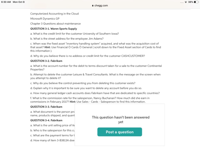  6:30 AM Mon Oct 8 38% . & chegg.com Computerized Accounting