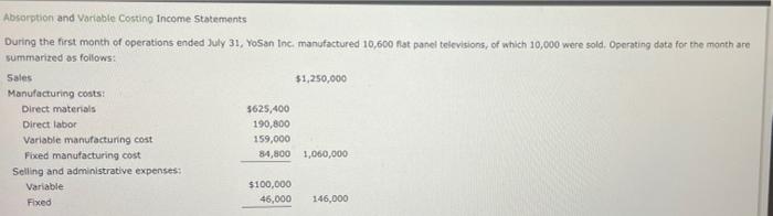 prepare an income statement based on the absorption costin concept and prepare