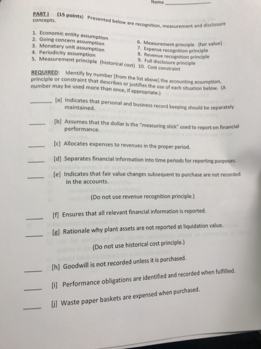  Name PARTI (15 points) Presented below are recognition, measurement concepts. and