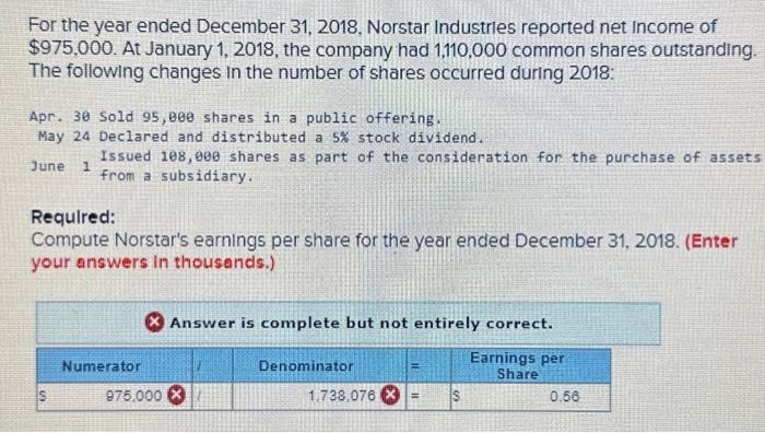 why is this wrong For the year ended December 31, 2018, Norstar