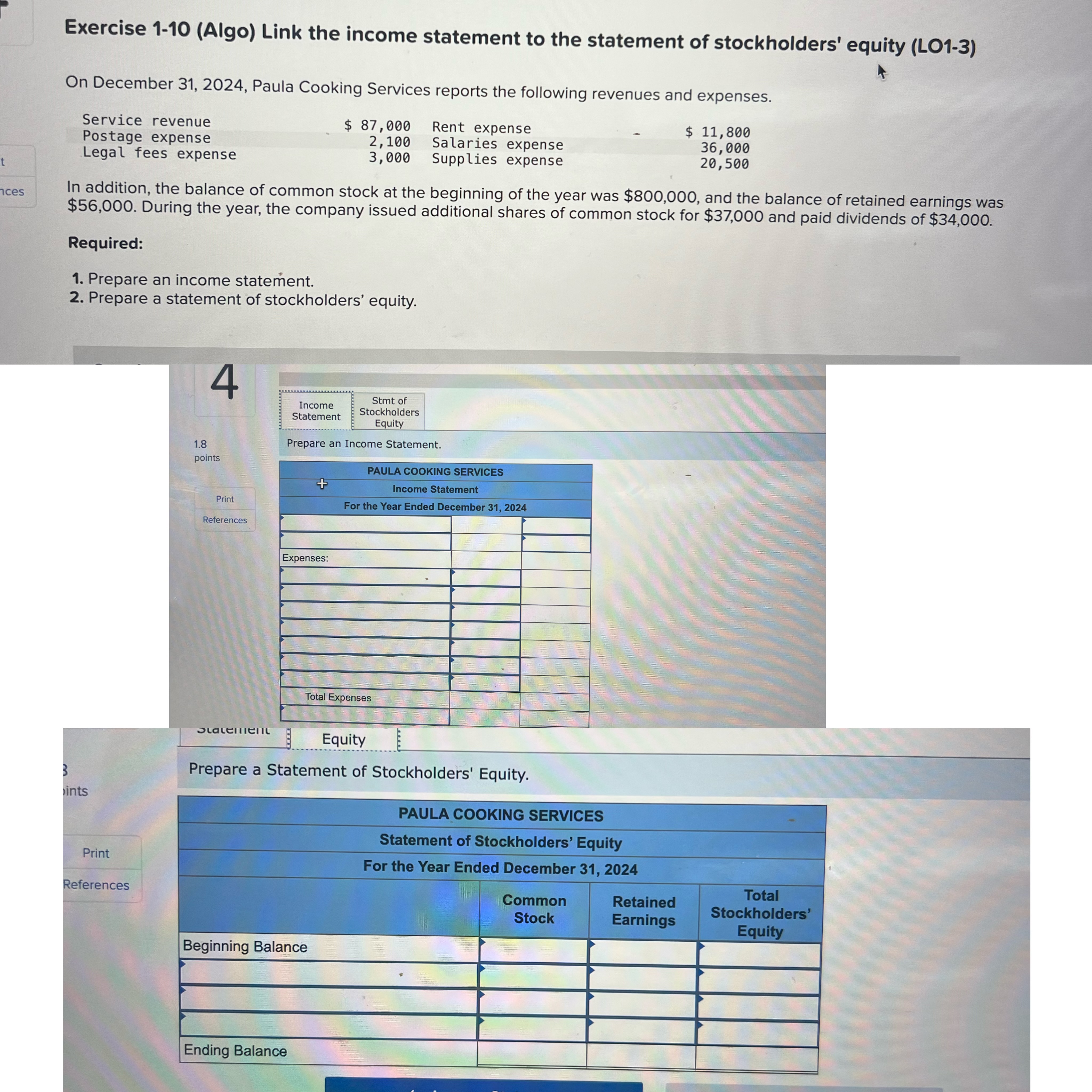  Exercise 1-10(Algo) Link the income statement to the statement of stockholders'