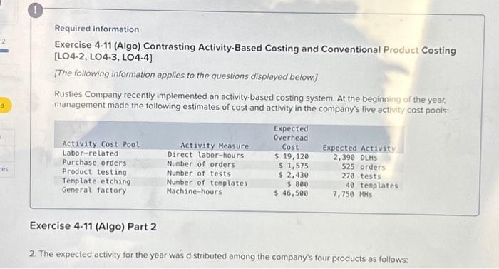 d ! Required information Exercise 4-11 (Algo) Contrasting Activity-Based Costing and Conventional