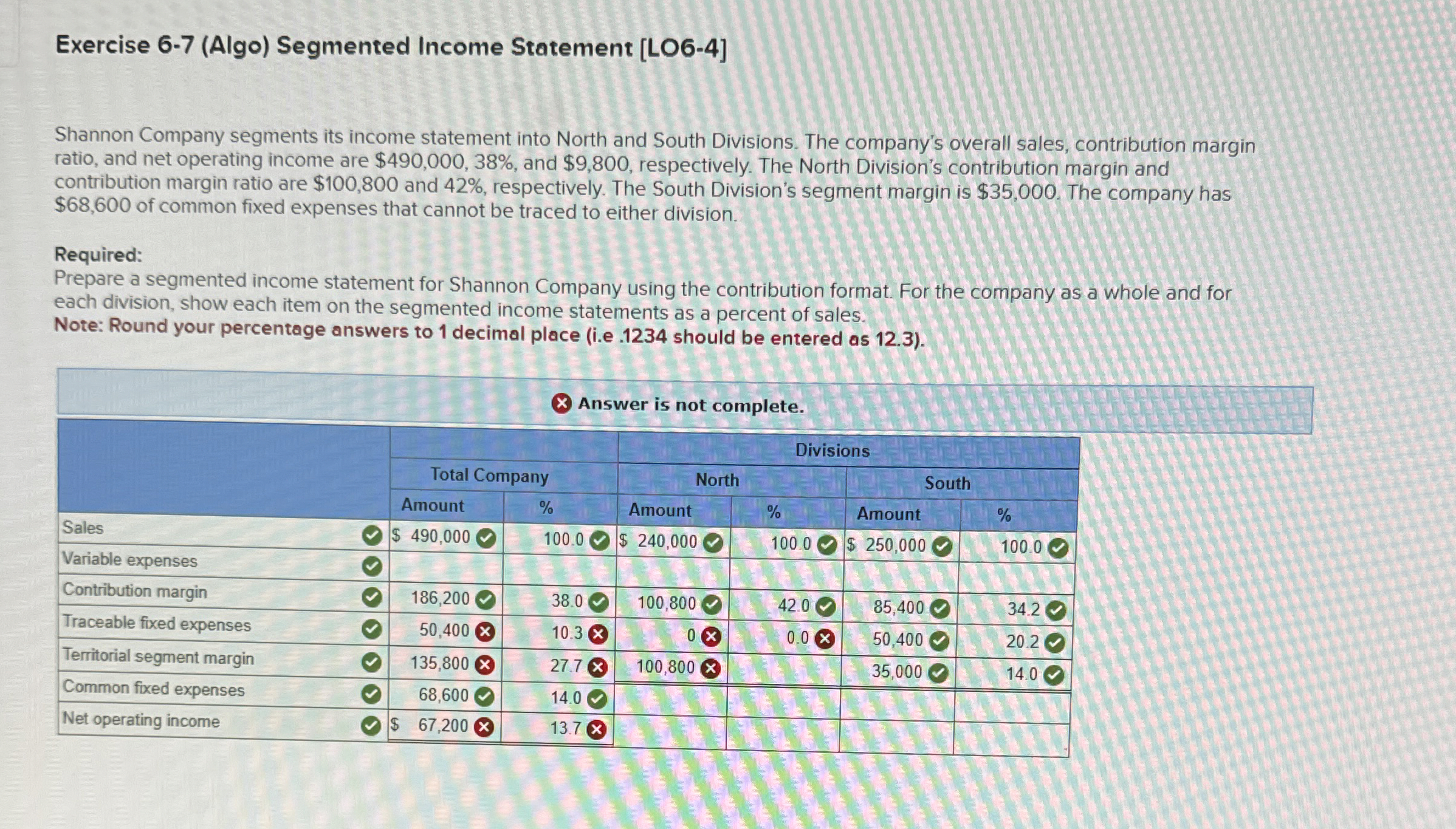  Exercise 6-7(Algo) Segmented Income Statement [LO6-4] Shannon Company segments its income