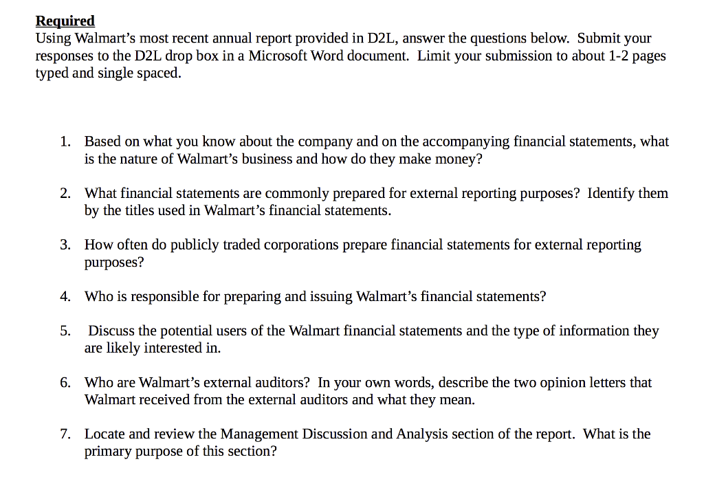 Please answer questions 1, 2, 3, 4, 5, 6 and 7. Walmart's