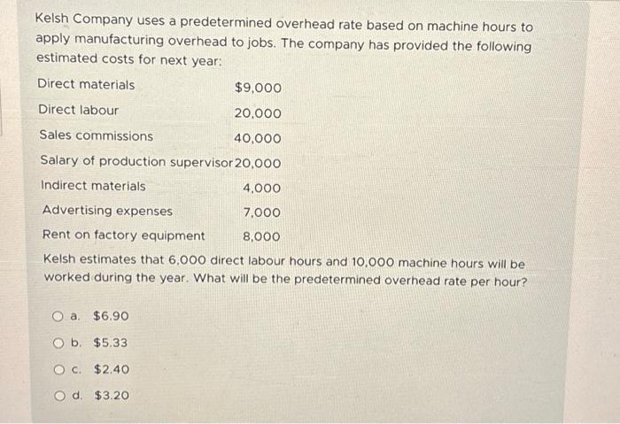 Kelsh Company uses a predetermined overhead rate based on machine hours