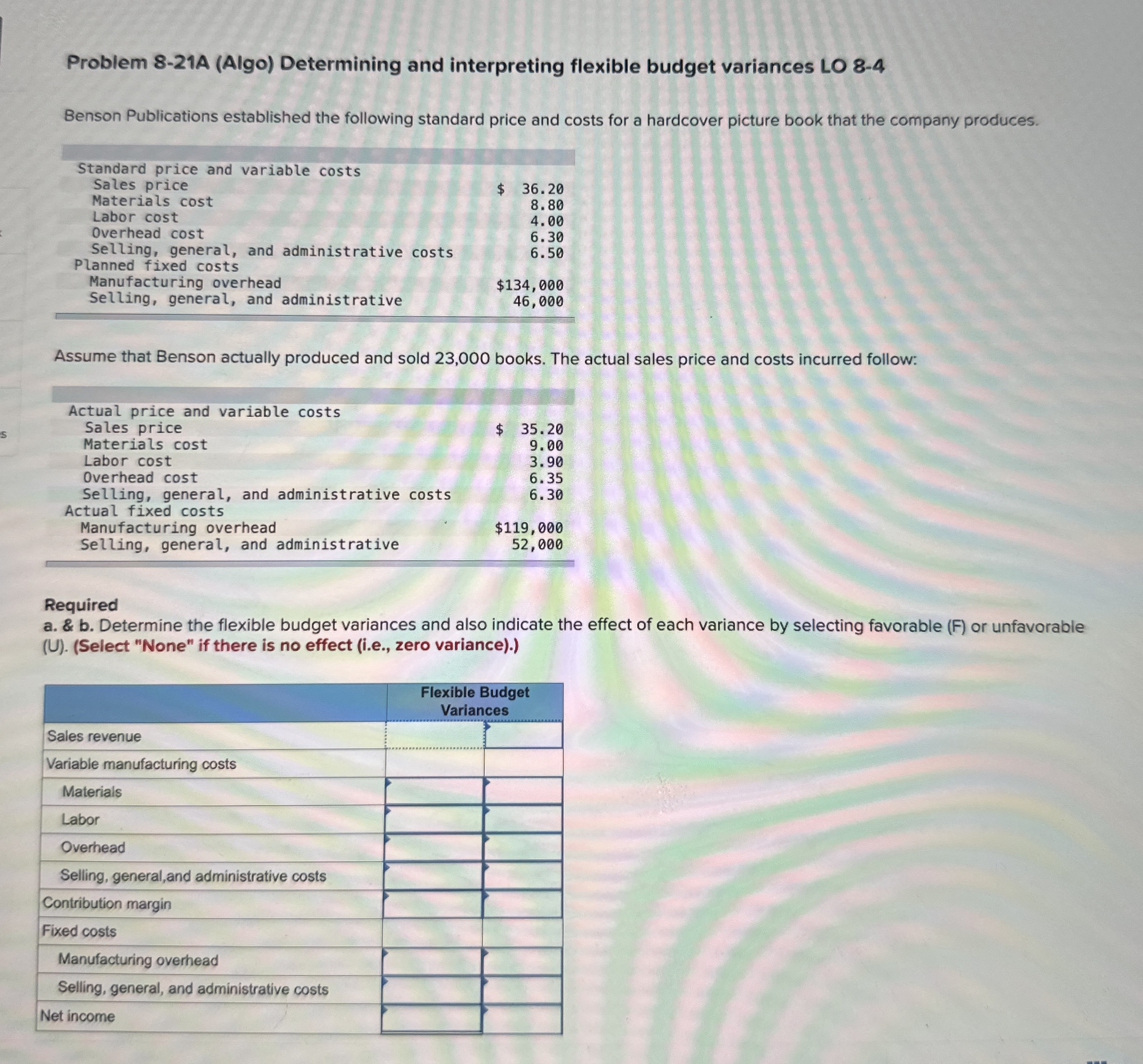  Problem 8-21A (Algo) Determining and interpreting flexible budget variances LO 8-4