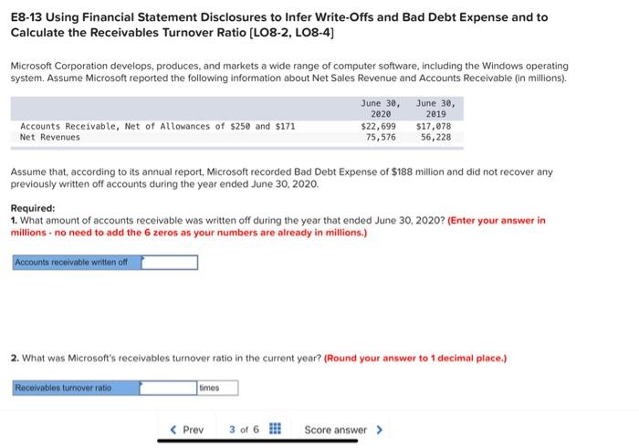 Expense and to Calculate the Receivables Turnover Ratio [LO8-2, LO8-4] Microsoft Corporation