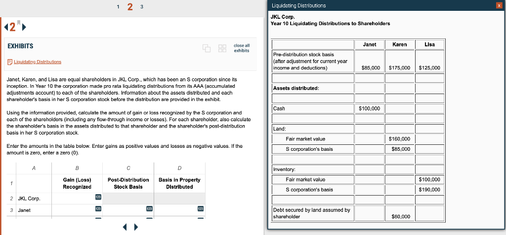 Enter the amounts in the table below. Enter gains as positive