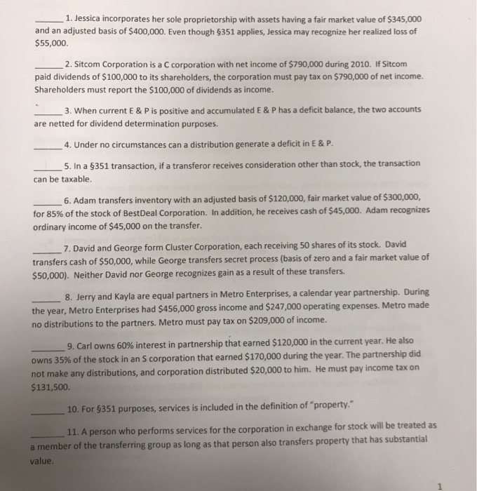  Answer in a True or False form. Thank you 1. Jessica