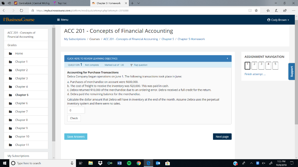  9 CentralLink | Central Michig Top Ha: th Chapter 5 Homework