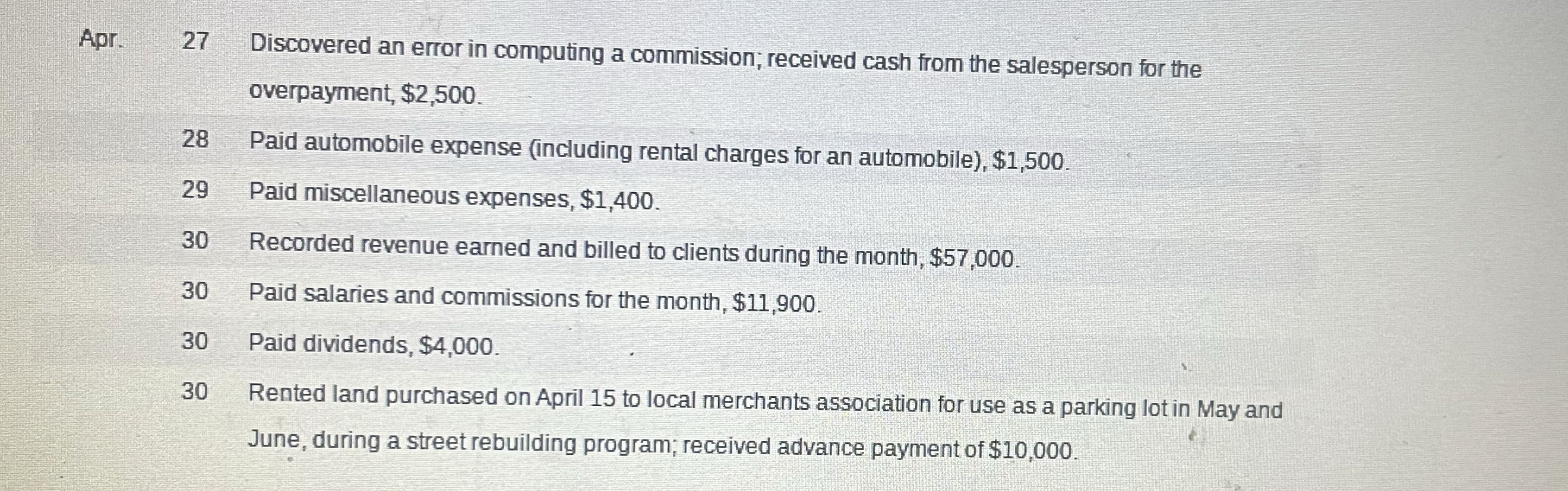  Apr. 27 Discovered an error in computing a commission; received cash