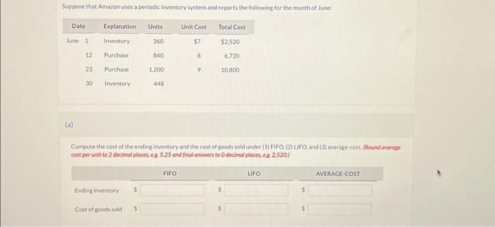  ASAP ! Suppose that Amazon uses a periodic inventory system and
