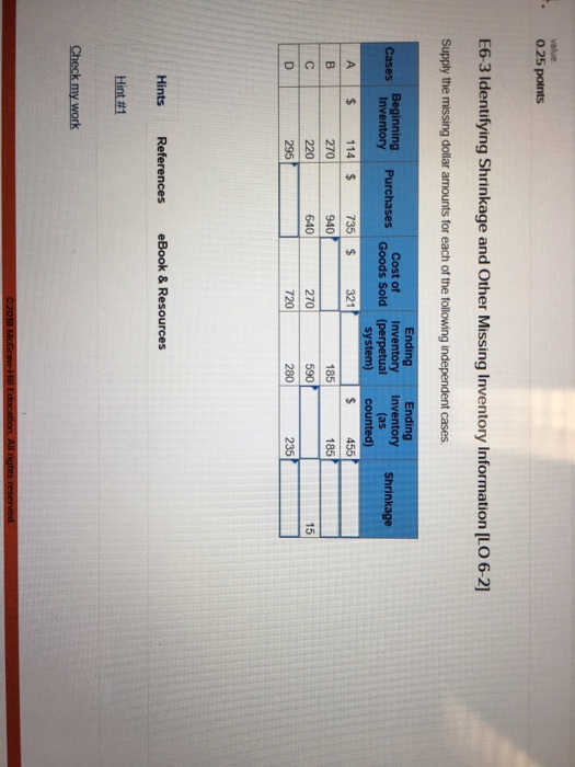  velue 0.25 points E6-3 Identifying Shrinkage and Other Missing Inventory Information