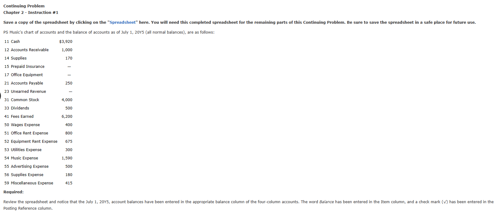 Continuing Problem Chapter 2 - Instruction \# 1 PS Music's chart