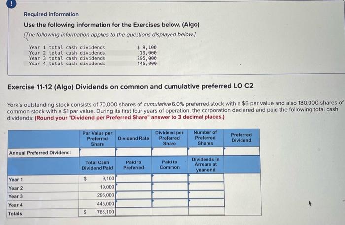 (Algo) [The following information applies to the questions displayed below.] Exercise 11-11