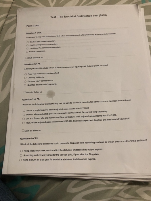  Test - Tax Specialist Certification Test (2018) Form 1040 A taxpayer