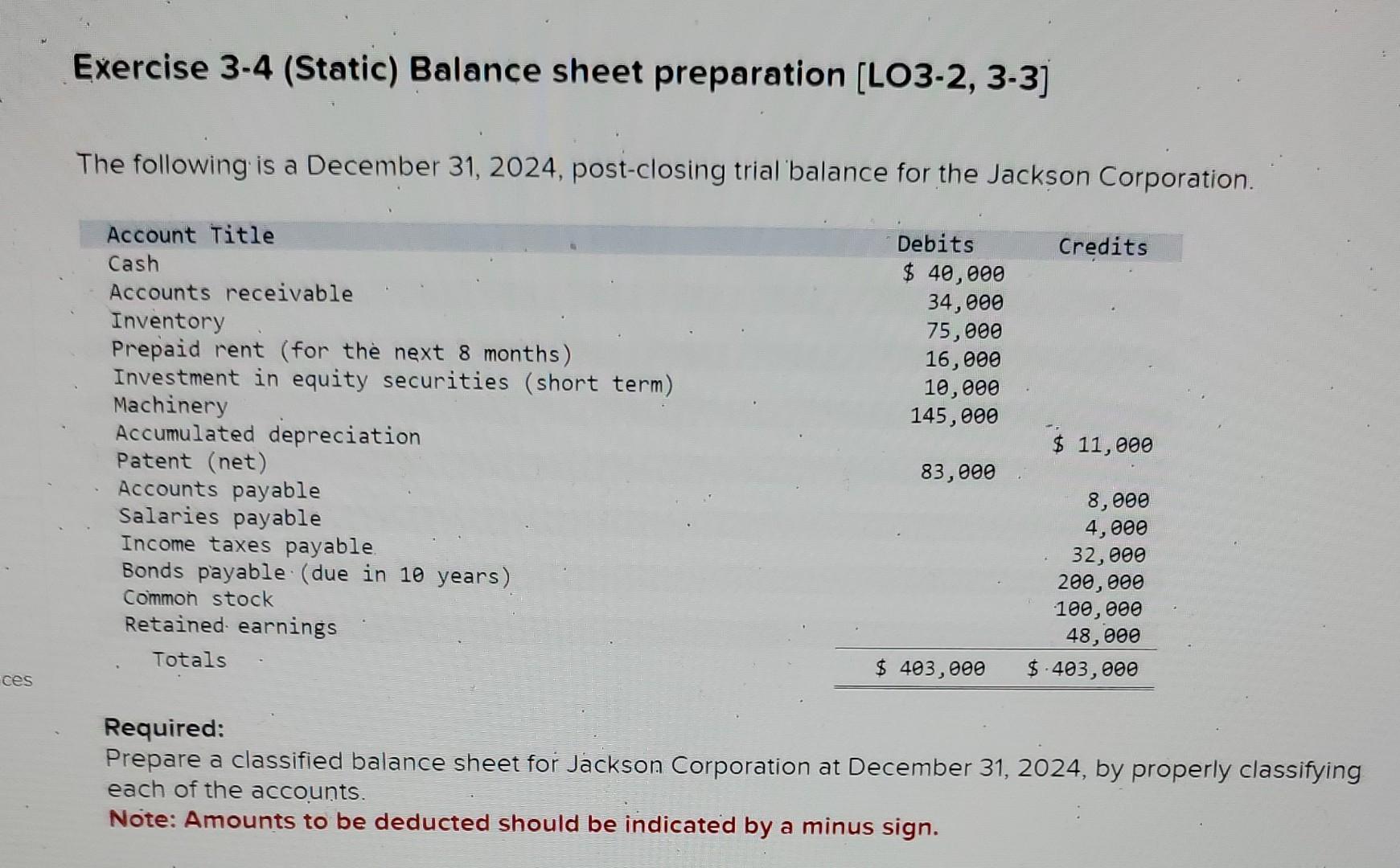 help Exercise 3-4 (Static) Balance sheet preparation [LO3-2, 3-3] The following