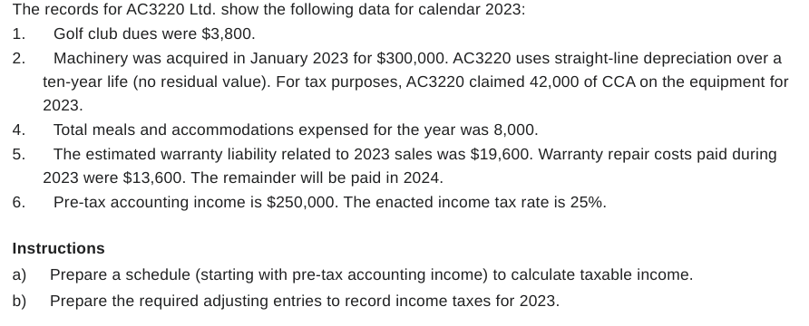  Instructions a) Prepare a schedule (starting with pre-tax accounting income) to