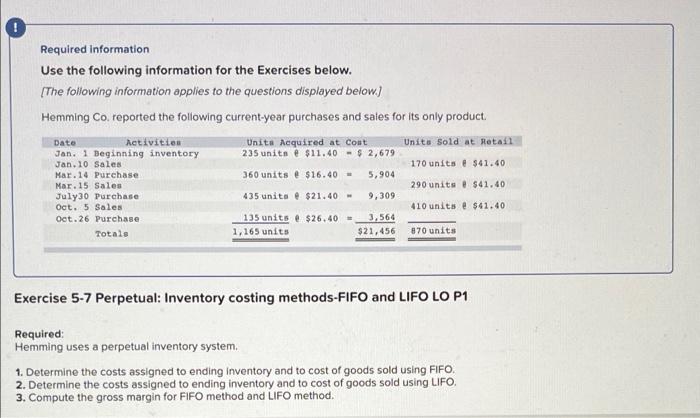 please help! Required Information Use the following information for the Exercises below.