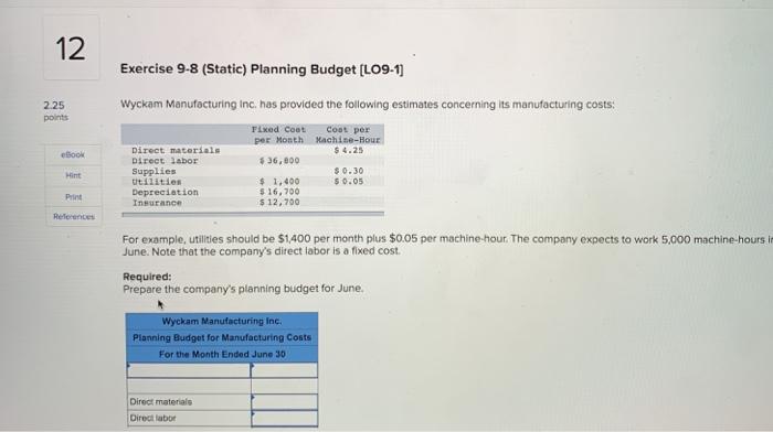  12 Exercise 9-8 (Static) Planning Budget (LO9-1] 2.25 points ebook Wyckam