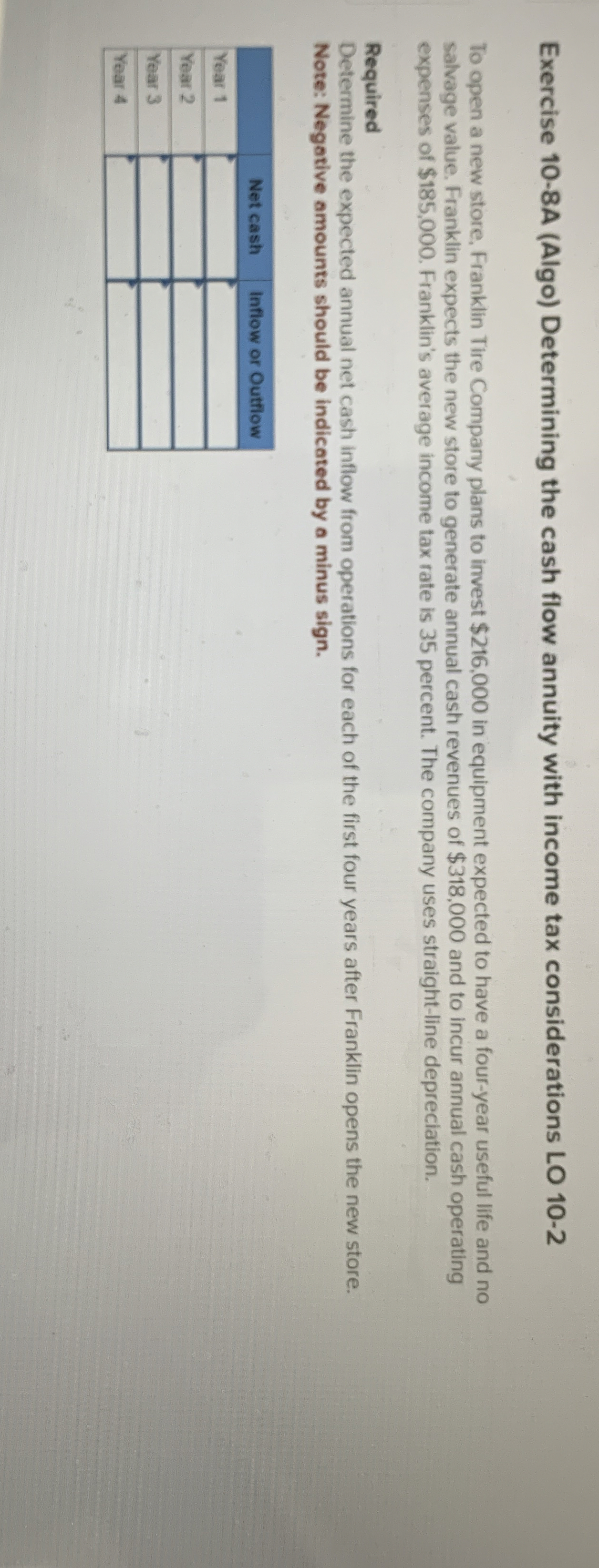  Exercise 10-8A (Algo) Determining the cash flow annuity with income tax