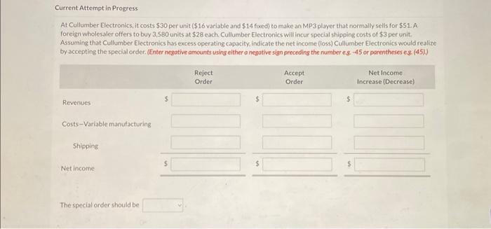  At Cullumber Electronics, it costs $30 per unit ( $16 variable