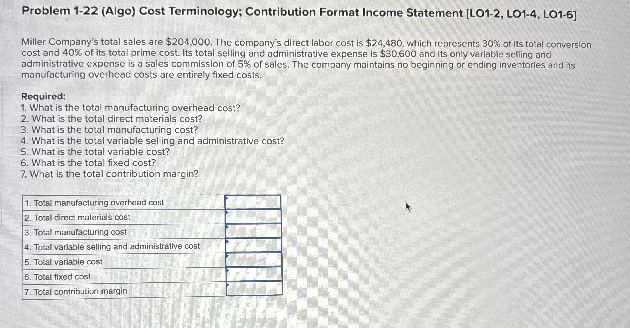  Problem 1-22(Algo) Cost Terminology; Contribution Format Income Statement [LO1-2, LO1-4, LO1-6]