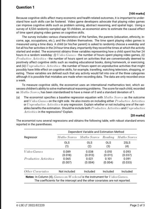 answer e and f Question 1 (100 marks Because cognitive skills affect